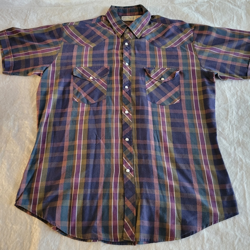 Open Trails Men's Pearl Snap Shirt Size L Plaid Vtg